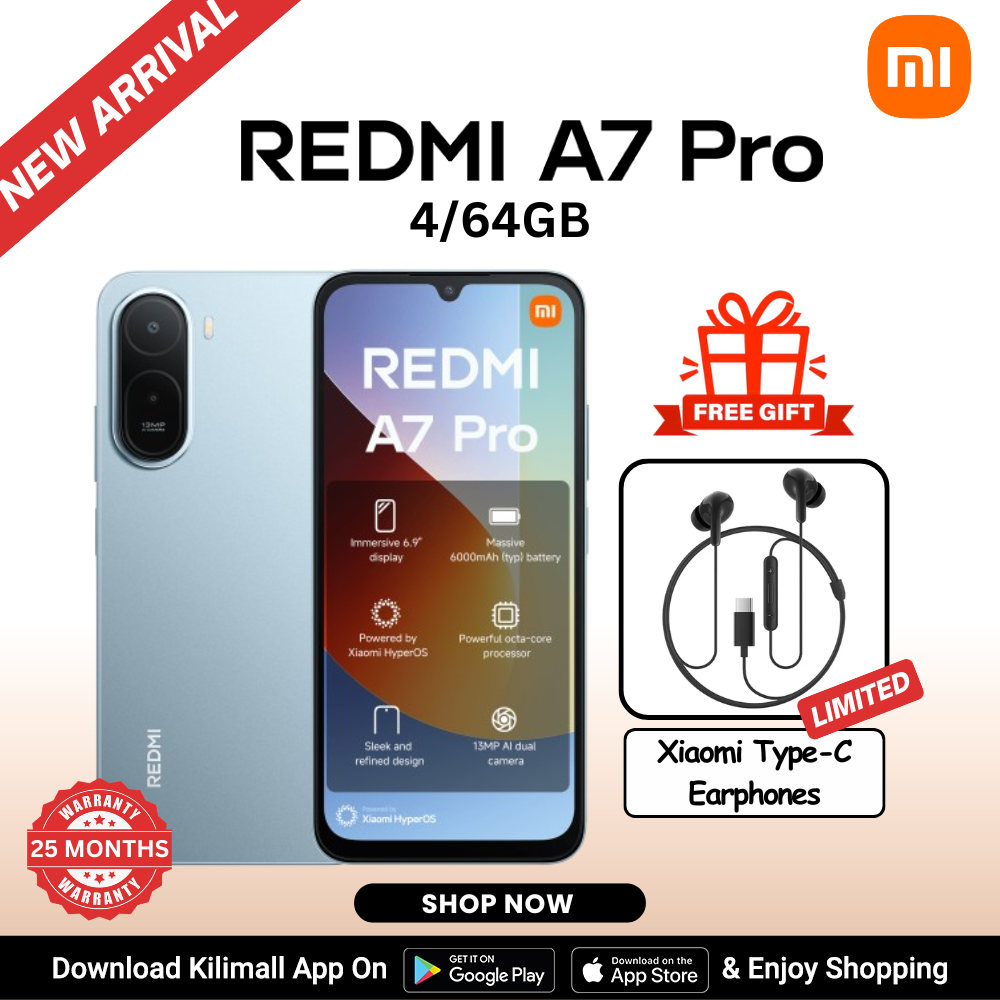 【Xiaomi Official】Redmi A7 PRO Smartphone -  6.9" LCD Display 4GB RAM + 64GB ROM Dual SIM 6000mAh 13MP main camera 8MP Selfie camera Side fingerprint sensor Type C charger 3.5mm jack Bluetooth 5.2