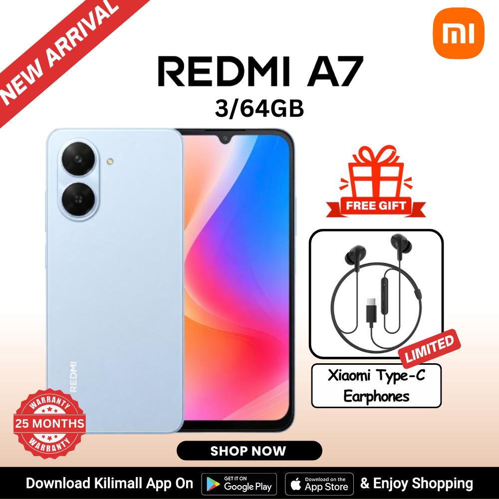 【Xiaomi Official】Redmi A7 Smartphone -  6.88" LCD Display 3GB RAM + 64GB ROM Dual SIM 5200mAh 13MP main camera 8MP Selfie camera Side fingerprint sensor Type C charger 3.5mm jack Bluetooth 5.2