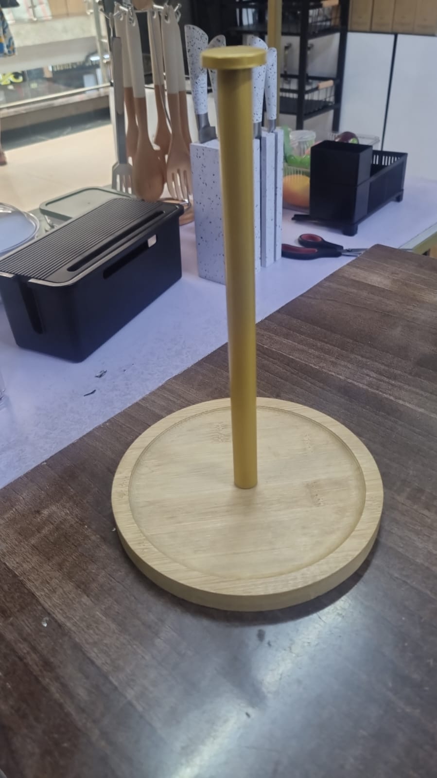Bamboo Wood Tissue Holder Vertical Roll Pole Paper Towel Holder for Kitchen/Toilet Freestanding  Metal with bamboo base