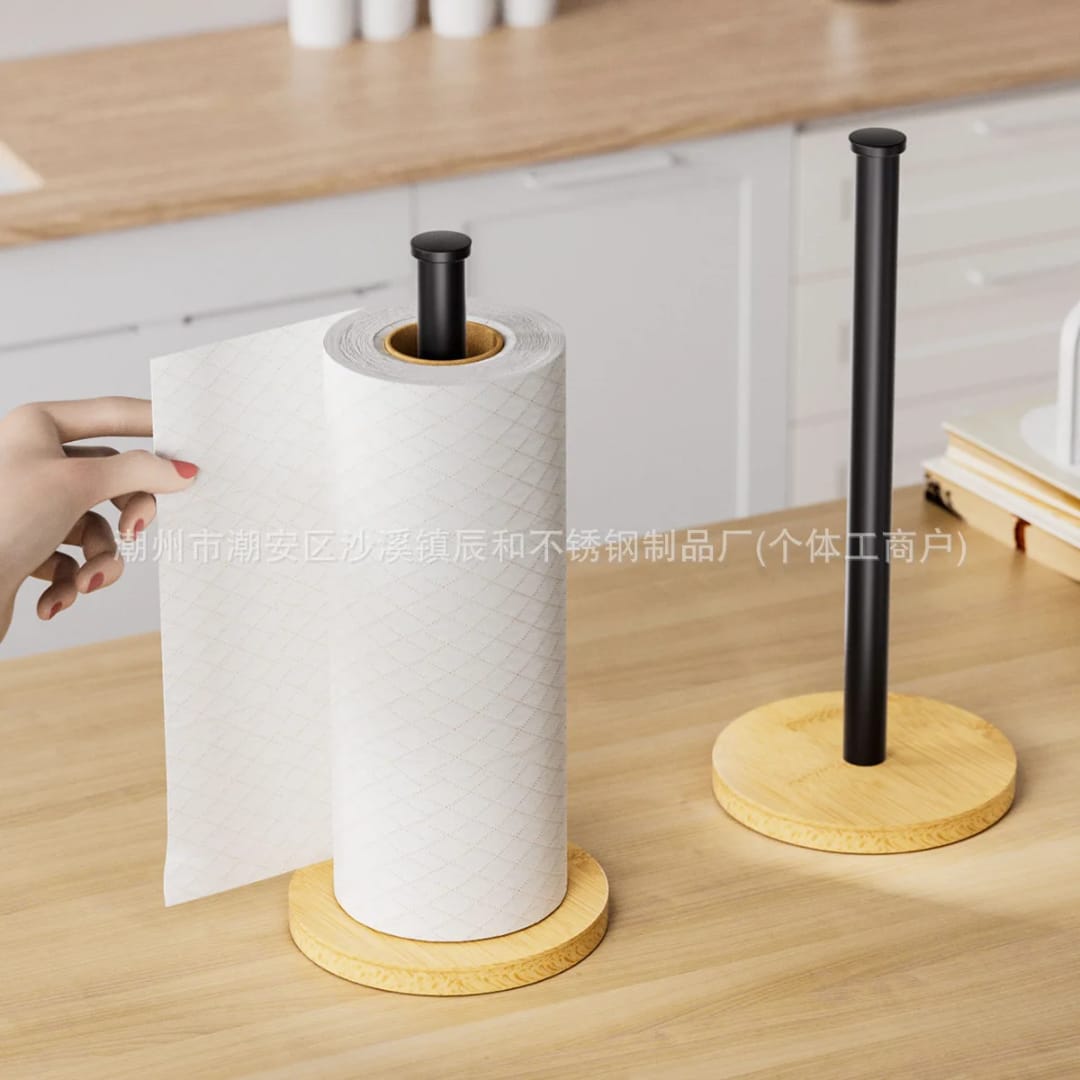 Bamboo Wood Tissue Holder Vertical Roll Pole Paper Towel Holder for Kitchen/Toilet Freestanding  Metal with bamboo base