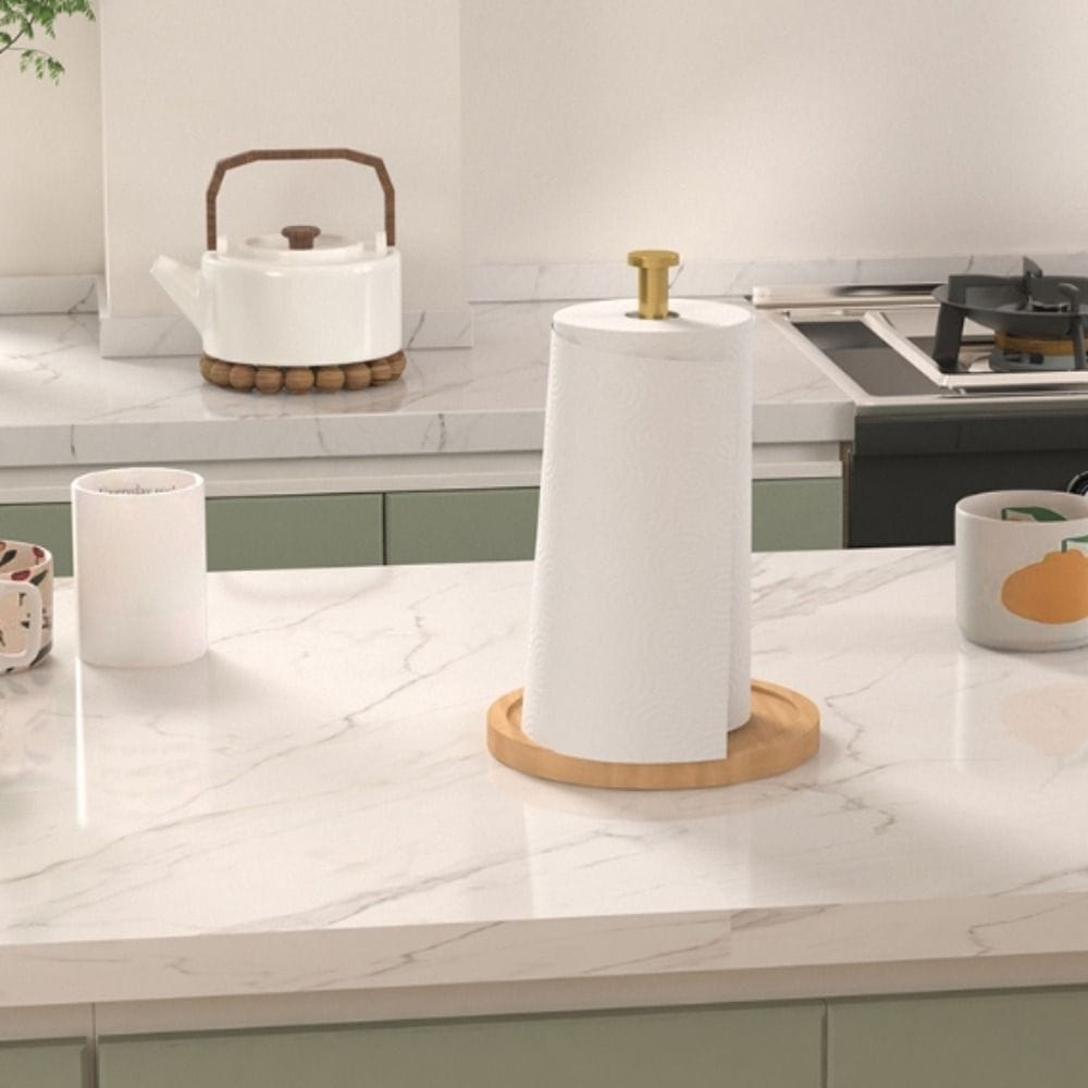 Bamboo Wood Tissue Holder Vertical Roll Pole Paper Towel Holder for Kitchen/Toilet Freestanding  Metal with bamboo base