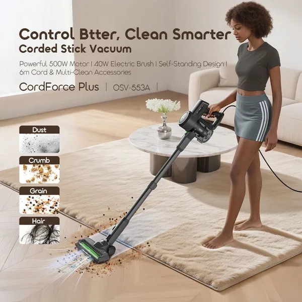 oraimo CordForce Plus Corded Stick Vacuum 500W Motor 500W Powerful Motor  40W Electric Brush  Self-standing Design 6m Cord & Multi-Clean Accessories