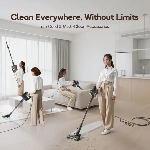 oraimo CordForce Plus Corded Stick Vacuum 500W Motor 500W Powerful Motor  40W Electric Brush  Self-standing Design 6m Cord & Multi-Clean Accessories