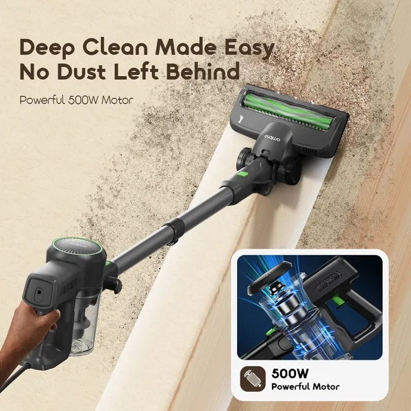 oraimo CordForce Plus Corded Stick Vacuum 500W Motor 500W Powerful Motor  40W Electric Brush  Self-standing Design 6m Cord & Multi-Clean Accessories