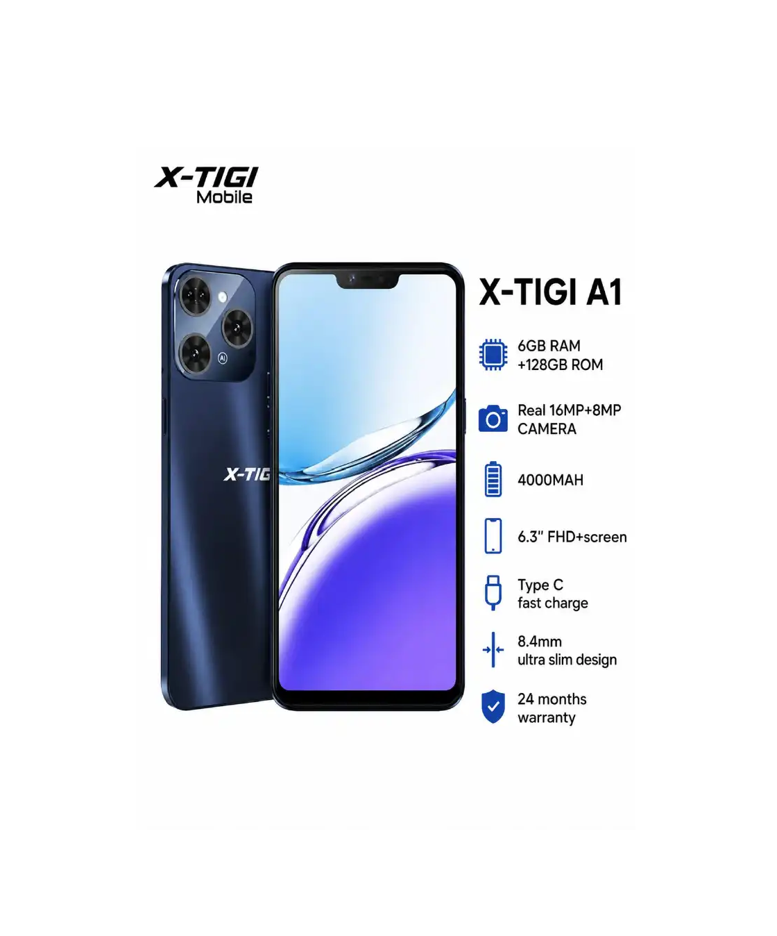 [NEW ARRIVAL] X-TIGI A1 128GB ROM+6GB RAM BATTERY 4000MAH HFD SCREEN 6.3’’ CAMERA REAR 16MP+8MP FRONT FACE ID TYPE-C FAST CHARGER SLIM DESIGN 2 YEARS WARRANTY SMART PHONE ON OFFER