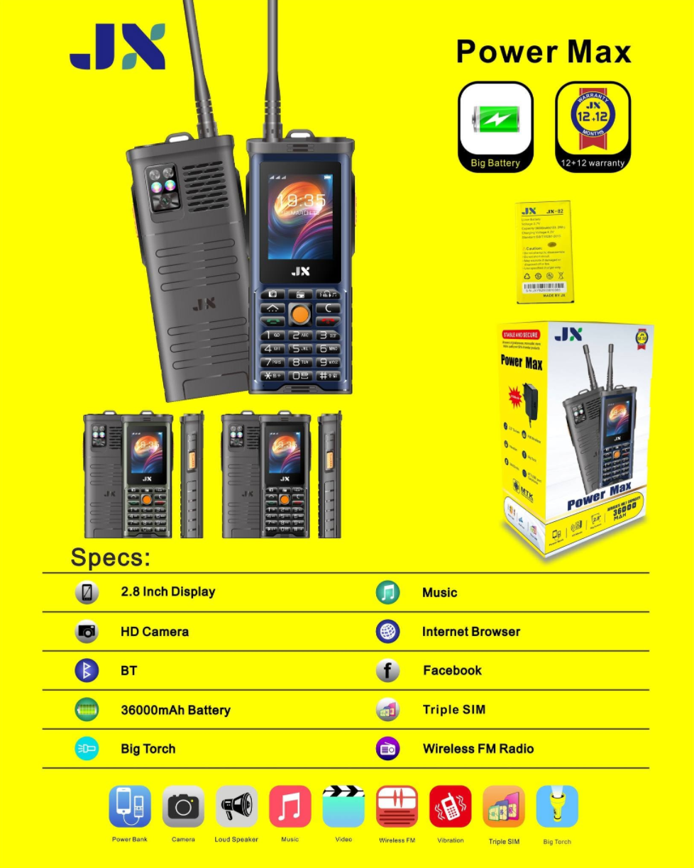JX POWER MAX PHONE BIG SCREEN 2.8’’ HD CAMERA BLUETOOTH BIG BATTERY 36000MAH TORCH WIRELESS FM RADIO TRIPLE SIM 3 SIM CARD SLOTS VIBRATION 2 YEARS WARRANTY KABAMBE MULIKA MWIZI PHONE BUTTON PHONE