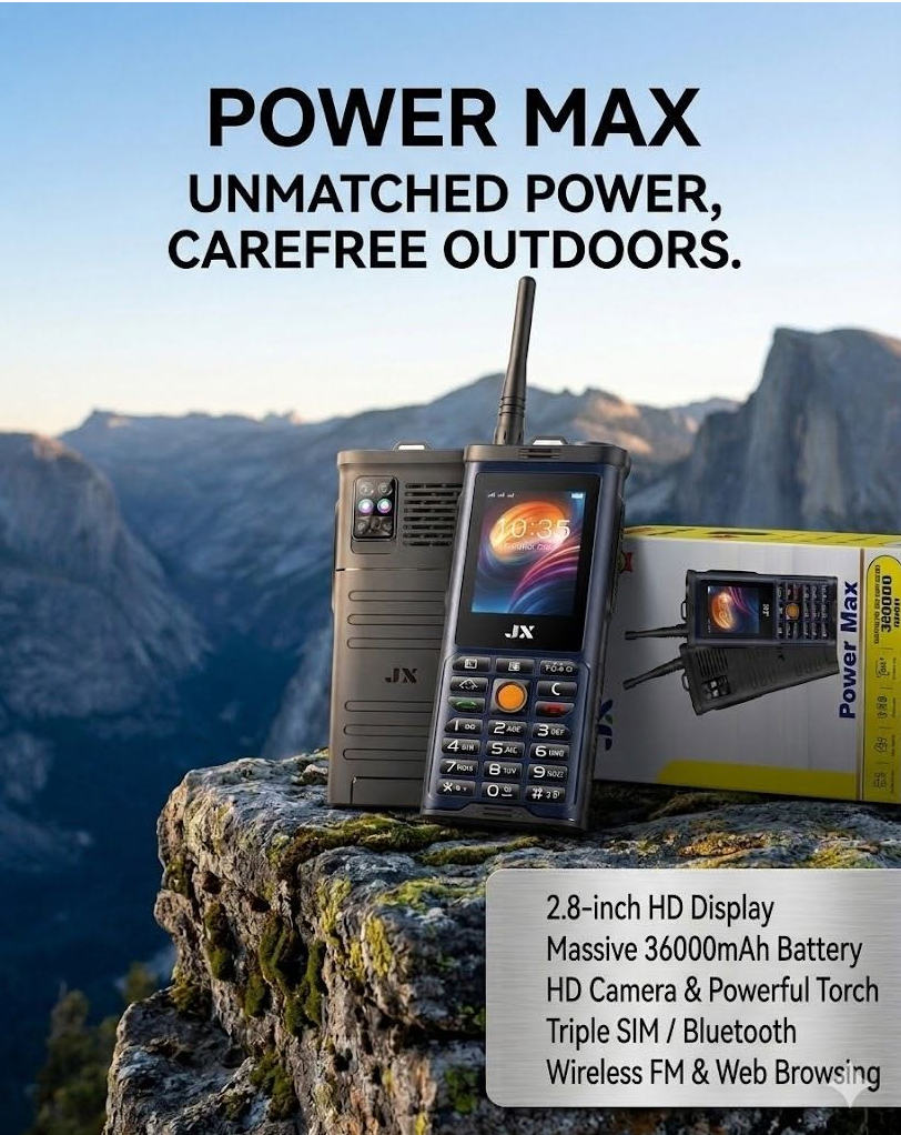 JX POWER MAX PHONE BIG SCREEN 2.8’’ HD CAMERA BLUETOOTH BIG BATTERY 36000MAH TORCH WIRELESS FM RADIO TRIPLE SIM 3 SIM CARD SLOTS VIBRATION 2 YEARS WARRANTY KABAMBE MULIKA MWIZI PHONE BUTTON PHONE