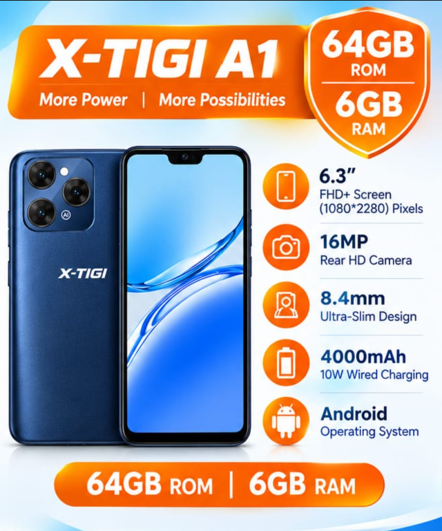 [NEW ARRIVAL] X-TIGI A1 STORAGE 64GB ROM+6GB RAM 6.3’’ SCREEN REAR HD CAMERA 16MP ULTRA-SLIM DESIGN 4000 MAH BATTERY ANDROID SMART PHONE 1 YEAR WARRANTY ON OFFER