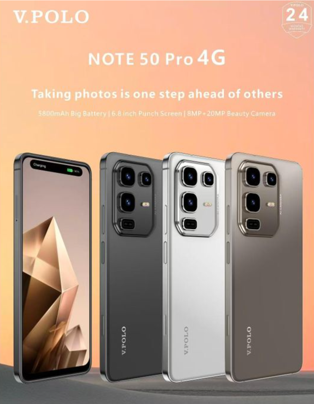 [NEW ARRIVAL] V.POLO NOTE 50 PRO 4G SMART PHONE MEMORY 64GB ROM+6GB RAM FACE UNLOCK SCREEN 6.8’’ AI CAMERA: REAR 20MP+8MP FRONT ANDROID 15 SIDE FINGERPRINT BIG BATTERY 5800MAH 2 YEARS WARRANTY