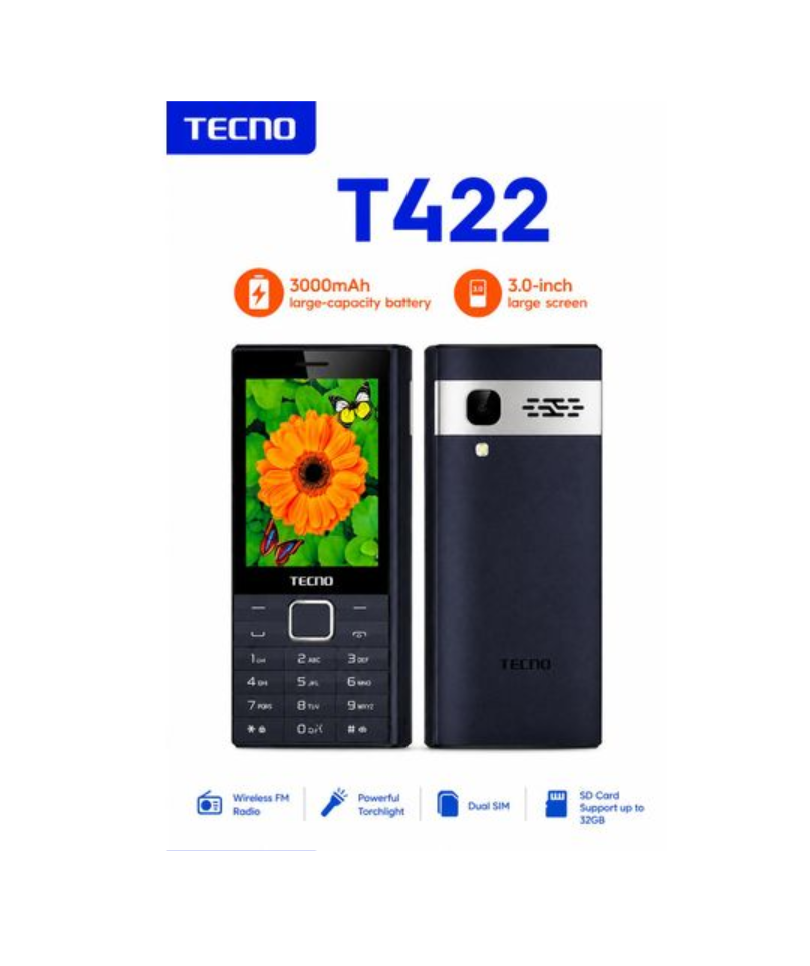 TECNO T422 DUAL SIM LARGE CAPACITY BATTERY 3000MAH LARGE SCREEN 3 INCHES TYPE-C CHARGER KING VOICE BROADCAST CAMERA STORAGE 8MB ROM+8MB RAM FM RADIO 2 YEARS WARRANTY KABAMBE KATULULU BUTTON PHONE