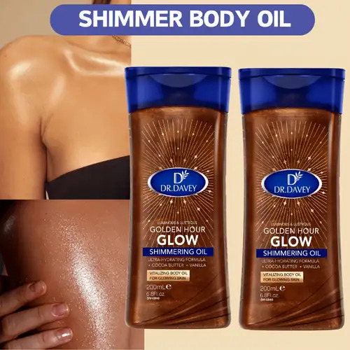 DR.DAVEY Golden Hour Glow Shimmering Body Oil is a lightweight, luminous body oil that enhances the skin with a subtle golden shimmer