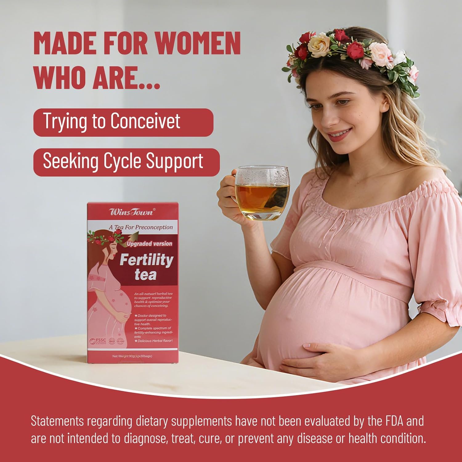 Wins Town Fertility Tea for Women - Preconception Herbal Beverage Support for Ovulation, Hormone Balance & Reproductive, 30 Tea Bags