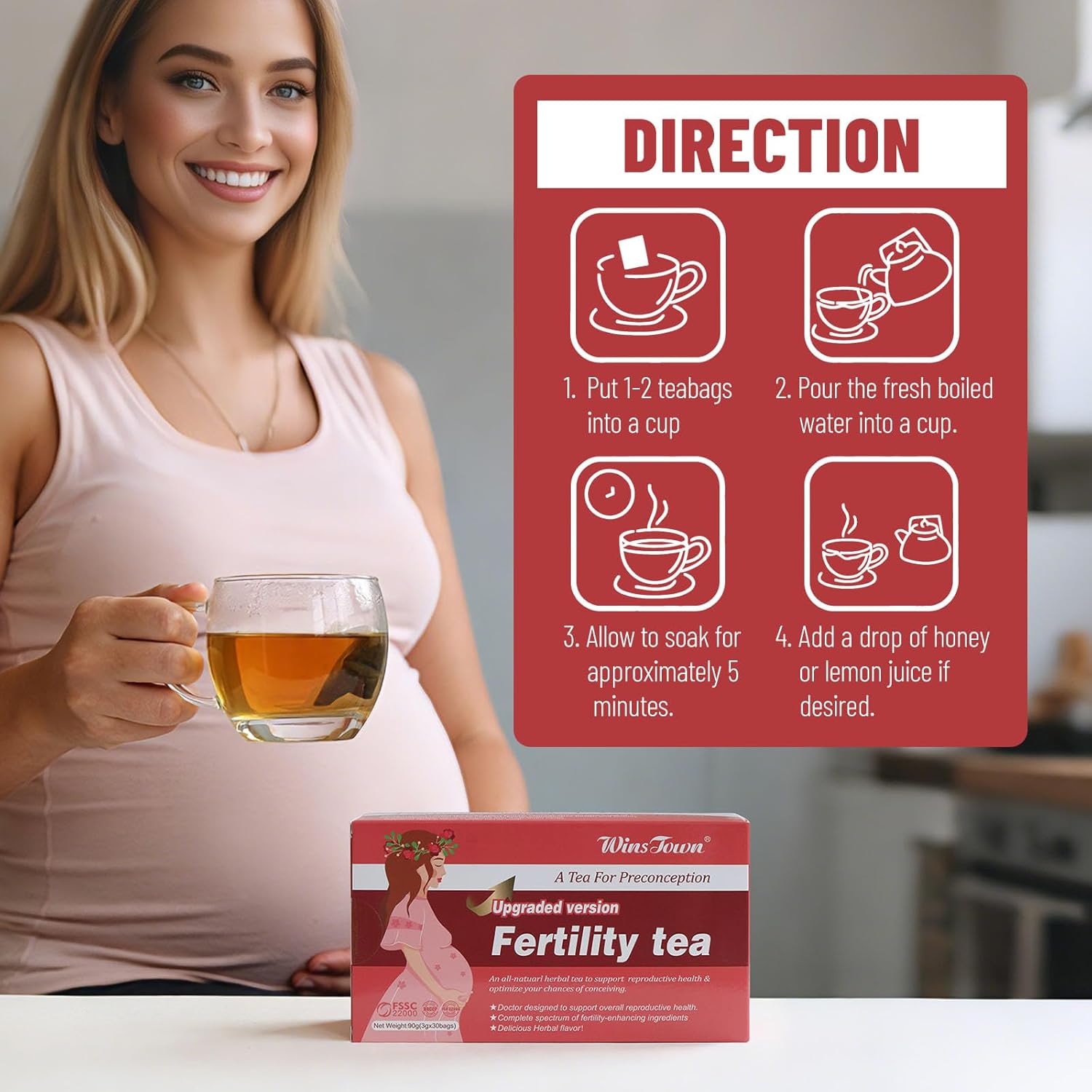 Wins Town Fertility Tea for Women - Preconception Herbal Beverage Support for Ovulation, Hormone Balance & Reproductive, 30 Tea Bags