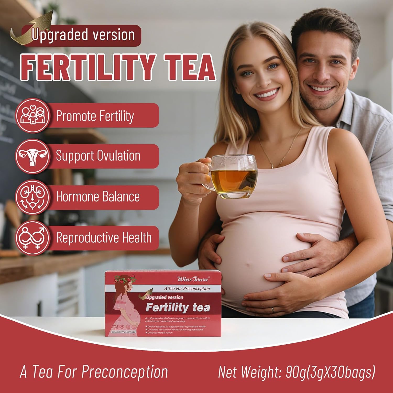 Wins Town Fertility Tea for Women - Preconception Herbal Beverage Support for Ovulation, Hormone Balance & Reproductive, 30 Tea Bags