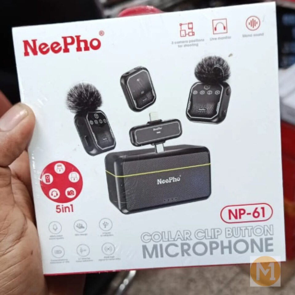 NP-61 Neepho Collar Clip Button Wireless Dual Mic Set with Digital Board | Type-C & Lightning Connectors | Pro Audio for Creators