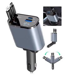 4 In 1 Retractable Super Fast Car Charger With Dual USB Ports & LED Display