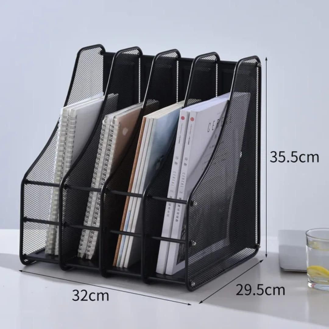 4-Slot Vertical Metallic Mesh Desk File Organizer – Durable Office Document Holder for Files, Folders, Papers & Magazines, Space-Saving Desktop Storage Rack