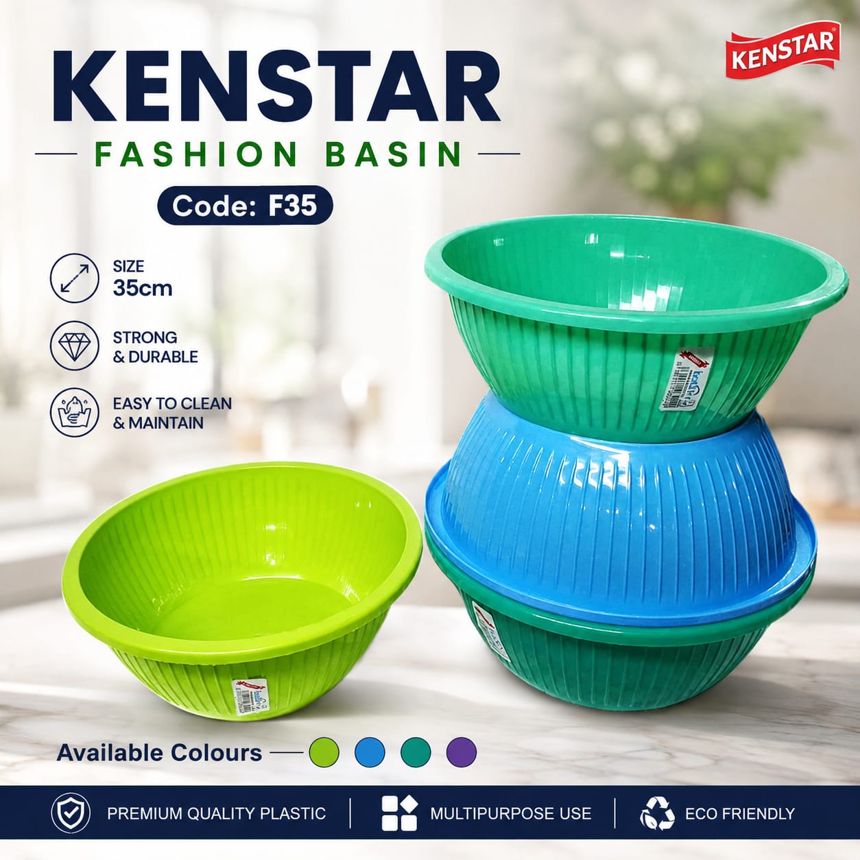 4pcs KenStar Heavy Plastic Fashion Basin Set – Strong Durable Multipurpose Household Wash Basins for Cleaning Dishes, Fruits, Vegetables, Laundry and Everyday Home Use