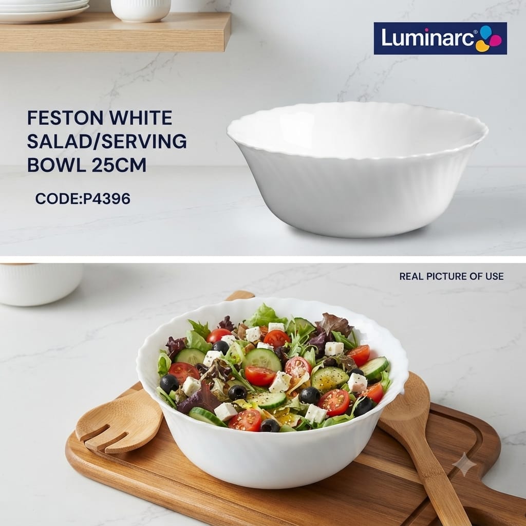Luminarc Feston Salad Bowls 2pcs Set – 24cm Stylish White Serving Bowls, Durable Multipurpose Kitchen Bowls for Salads, Fruits, Snacks & Family Meals