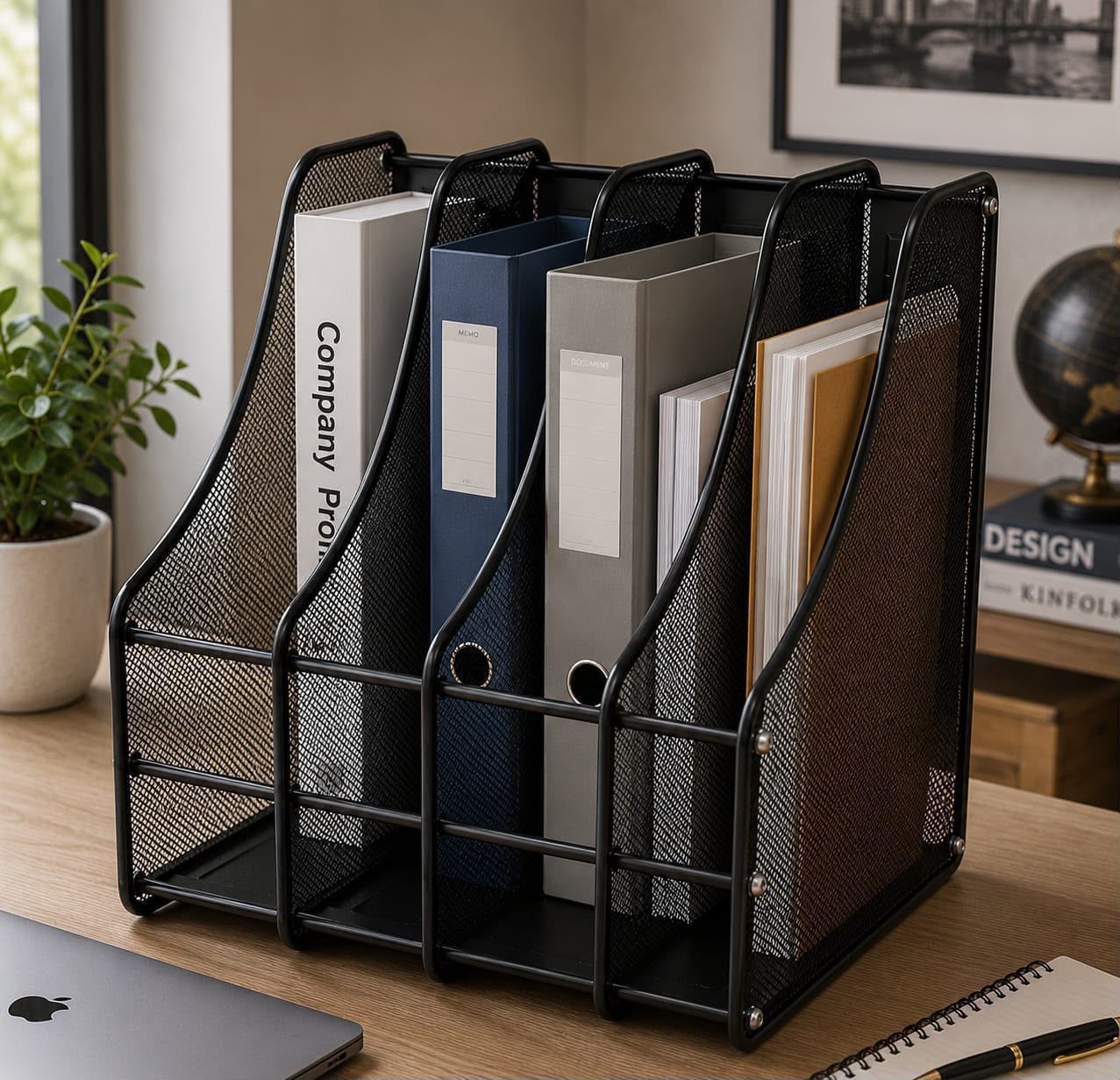 4-Slot Vertical Metallic Mesh Desk File Organizer – Durable Office Document Holder for Files, Folders, Papers & Magazines, Space-Saving Desktop Storage Rack