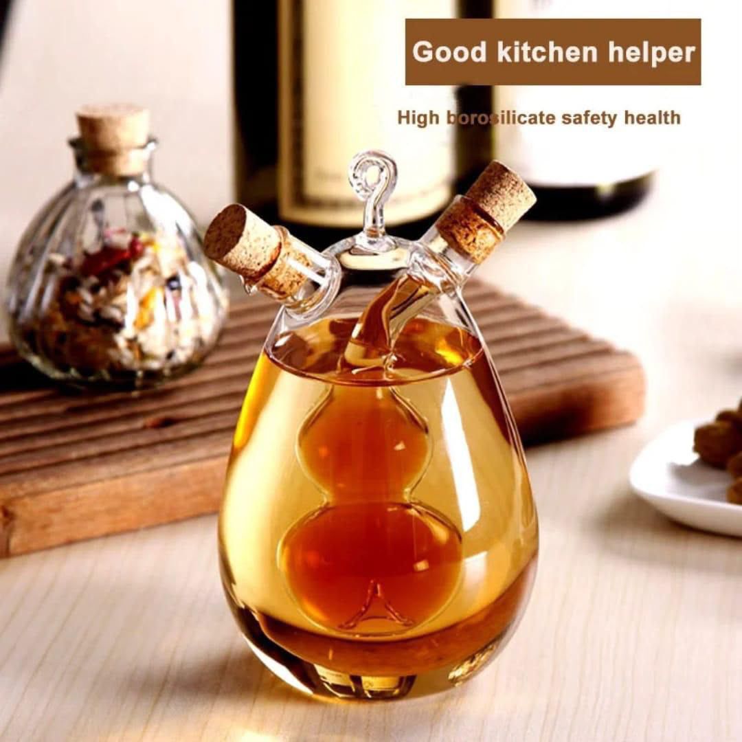 2-in-1 Oil & Vinegar Dispenser 350ml – Double-Mouth Borosilicate Glass Bottle for Cooking Oil, Vinegar, Soy Sauce & Other Liquid Condiments, Refillable Kitchen Storage