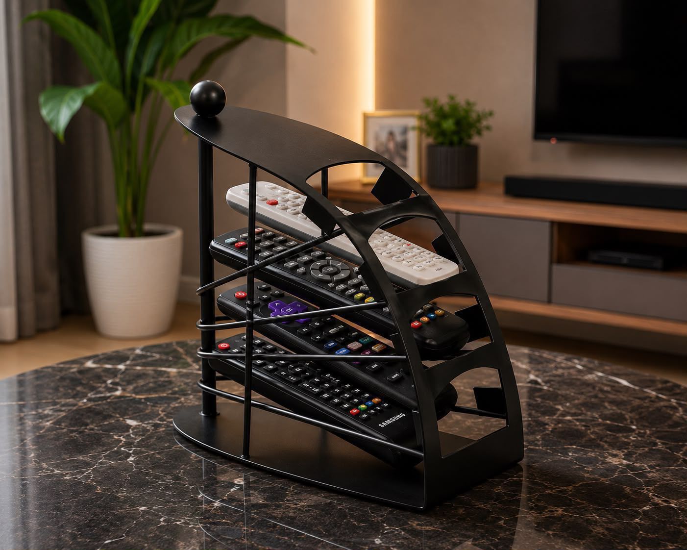Metallic Remote Control Organizer – Durable Multi-Compartment Holder for TV, Air Conditioner & Other Remotes, Stylish Desktop Storage Stand for Home, Office & Living Room
