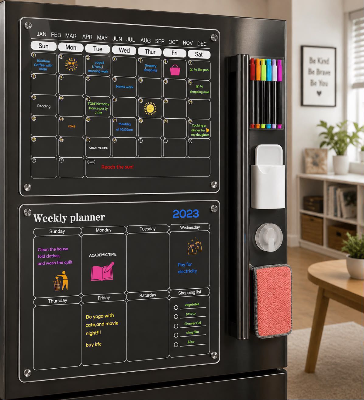 2 Pcs Magnetic Monthly Weekly Fridge Planner, Acrylic Refrigerator Calendar Board with 8 Colour Markers, Fabric Towel and Magnetic Holders, Punch-Free Kitchen Meal Planning and Organization Board
