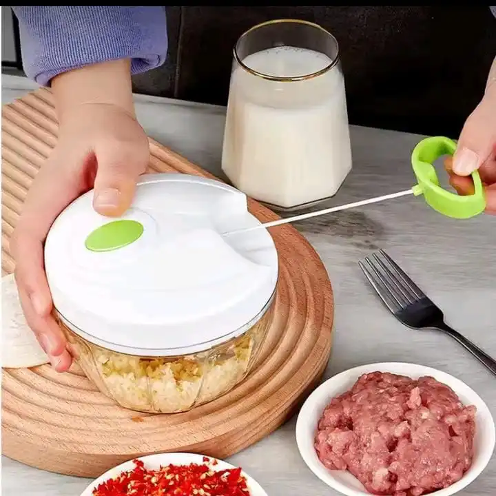 High Quality Plastic & Metallic Blades Kitchen Manual Mini Shredder/Spin Cutter – with Acrylic Bowl for Onions, Tomatoes, Garlic, and Vegetables
