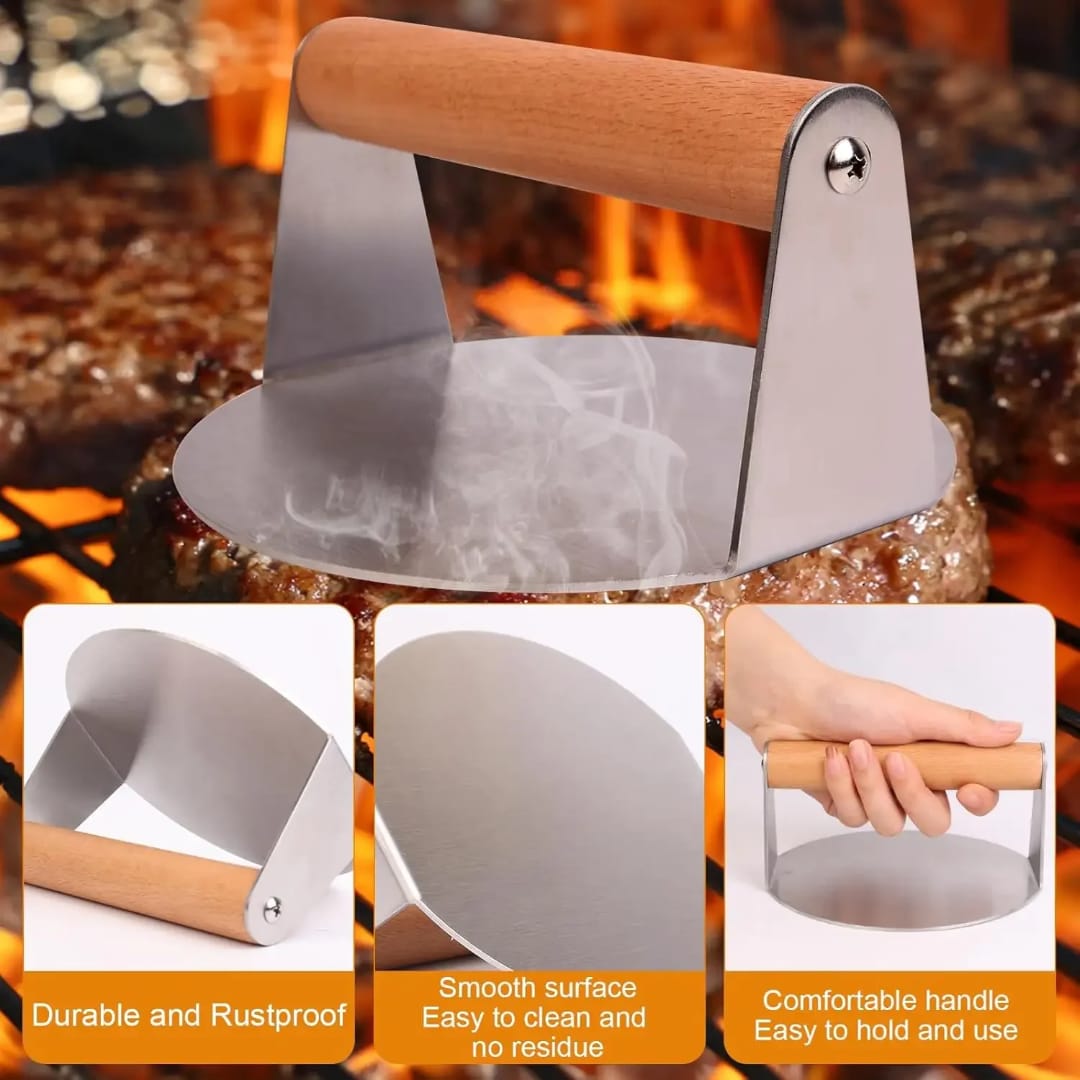 Heavy Duty Round Stainless Steel Chapati Spinner and Burger Shaper with Ergonomic Cool-Touch Wooden Handle, Durable Food Pressing Tool for Commercial and Domestic Kitchen Cooking