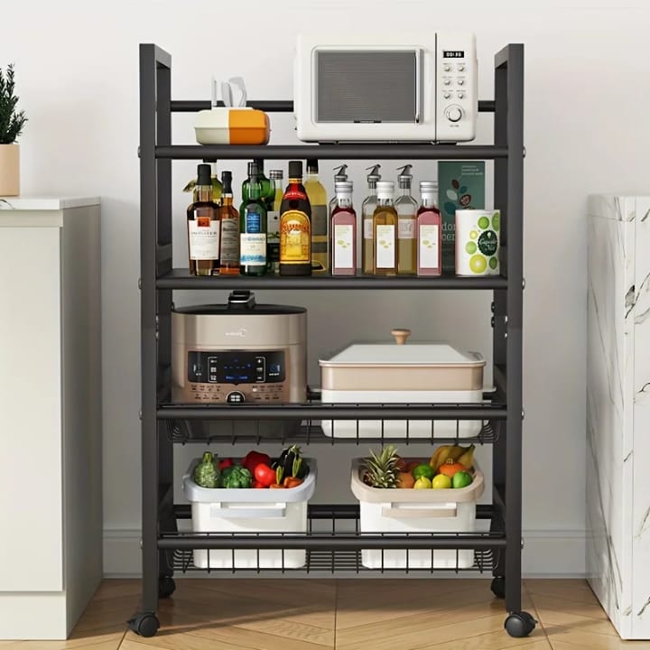 Multi-Layer Heavy Metallic Storage Rack Organizer – Rolling Kitchen, Bathroom, Bedroom & Office Storage Shelf with Lockable Wheels for Fruits, Toiletries, Toys & Supplies