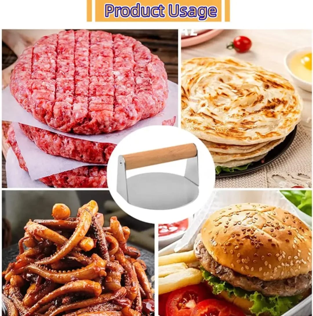 Heavy Duty Round Stainless Steel Chapati Spinner and Burger Shaper with Ergonomic Cool-Touch Wooden Handle, Durable Food Pressing Tool for Commercial and Domestic Kitchen Cooking