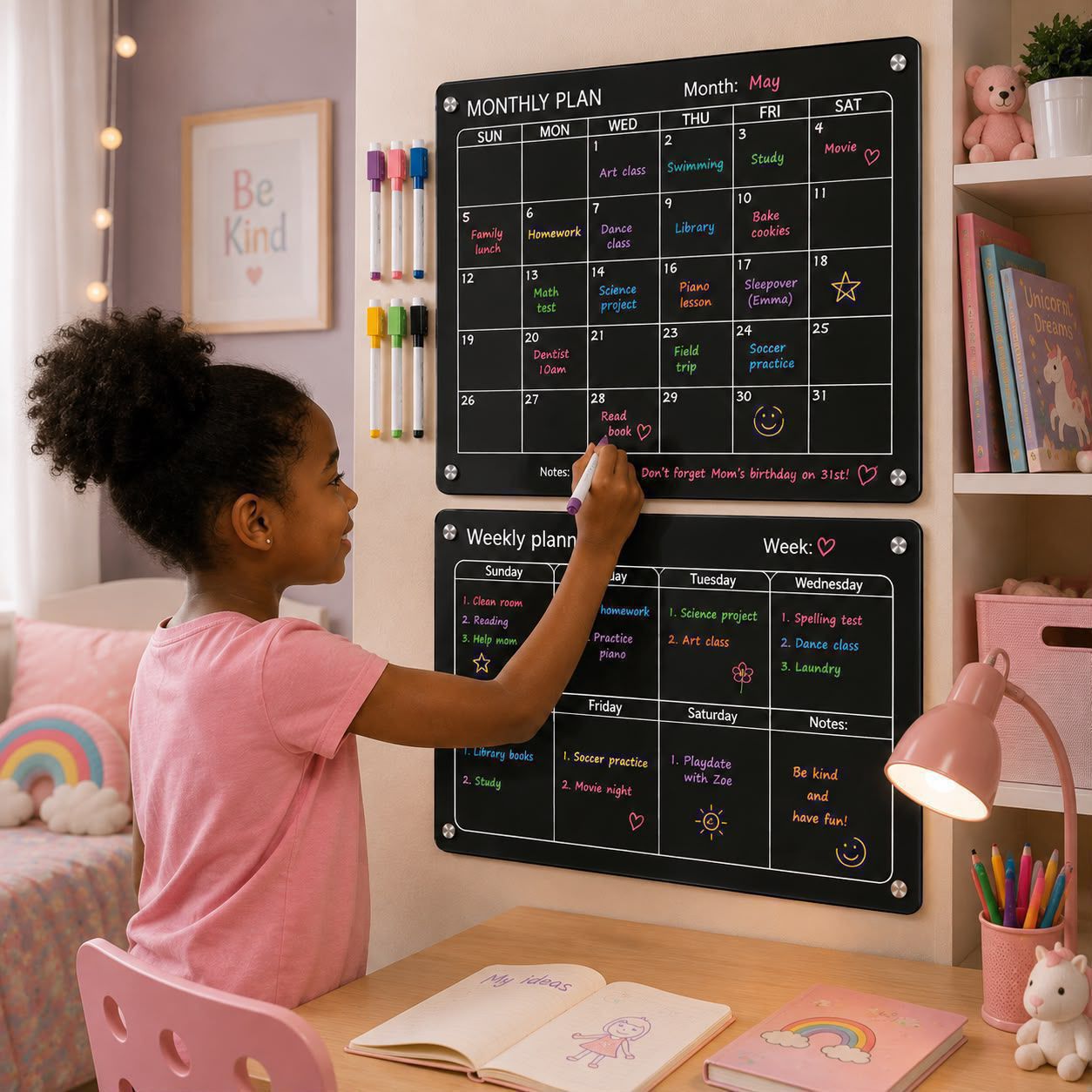 2 Pcs Magnetic Monthly Weekly Fridge Planner, Acrylic Refrigerator Calendar Board with 8 Colour Markers, Fabric Towel and Magnetic Holders, Punch-Free Kitchen Meal Planning and Organization Board