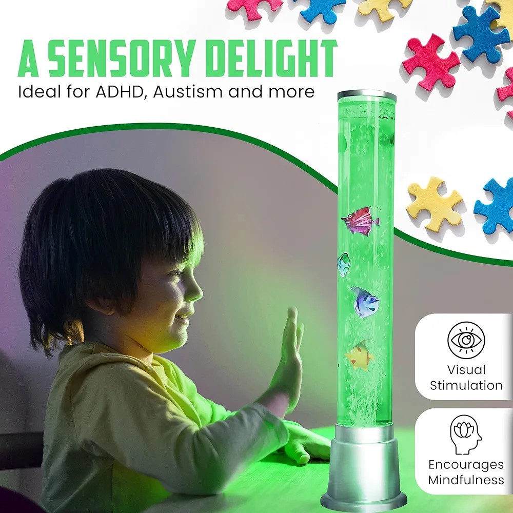 Bubble Sensory Fish Lamp 48cm Aquarium Night Light – 6 Color Changing Sensory Tubes Lava Table Lamp for Bedroom and Home Decor