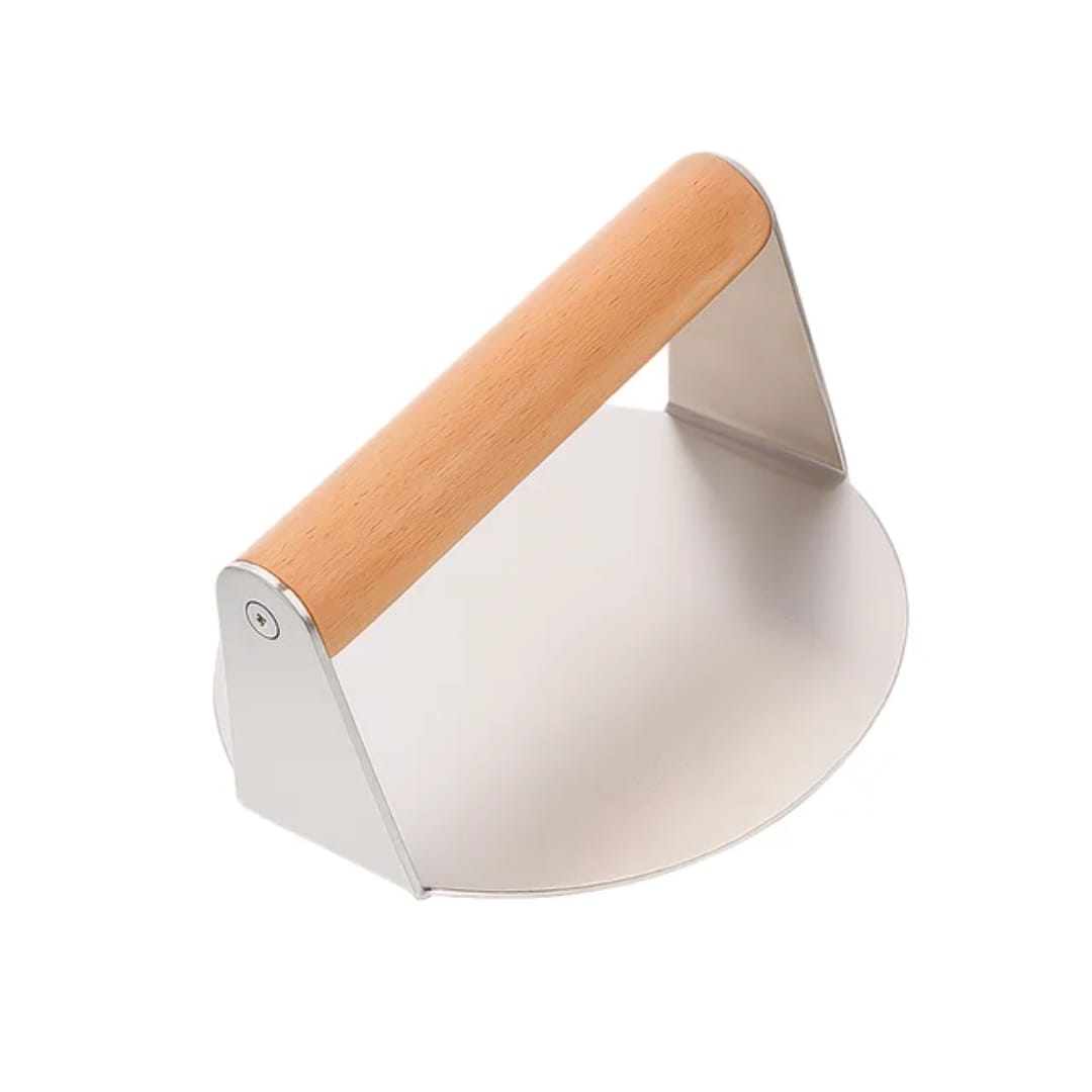 Heavy Duty Round Stainless Steel Chapati Spinner and Burger Shaper with Ergonomic Cool-Touch Wooden Handle, Durable Food Pressing Tool for Commercial and Domestic Kitchen Cooking