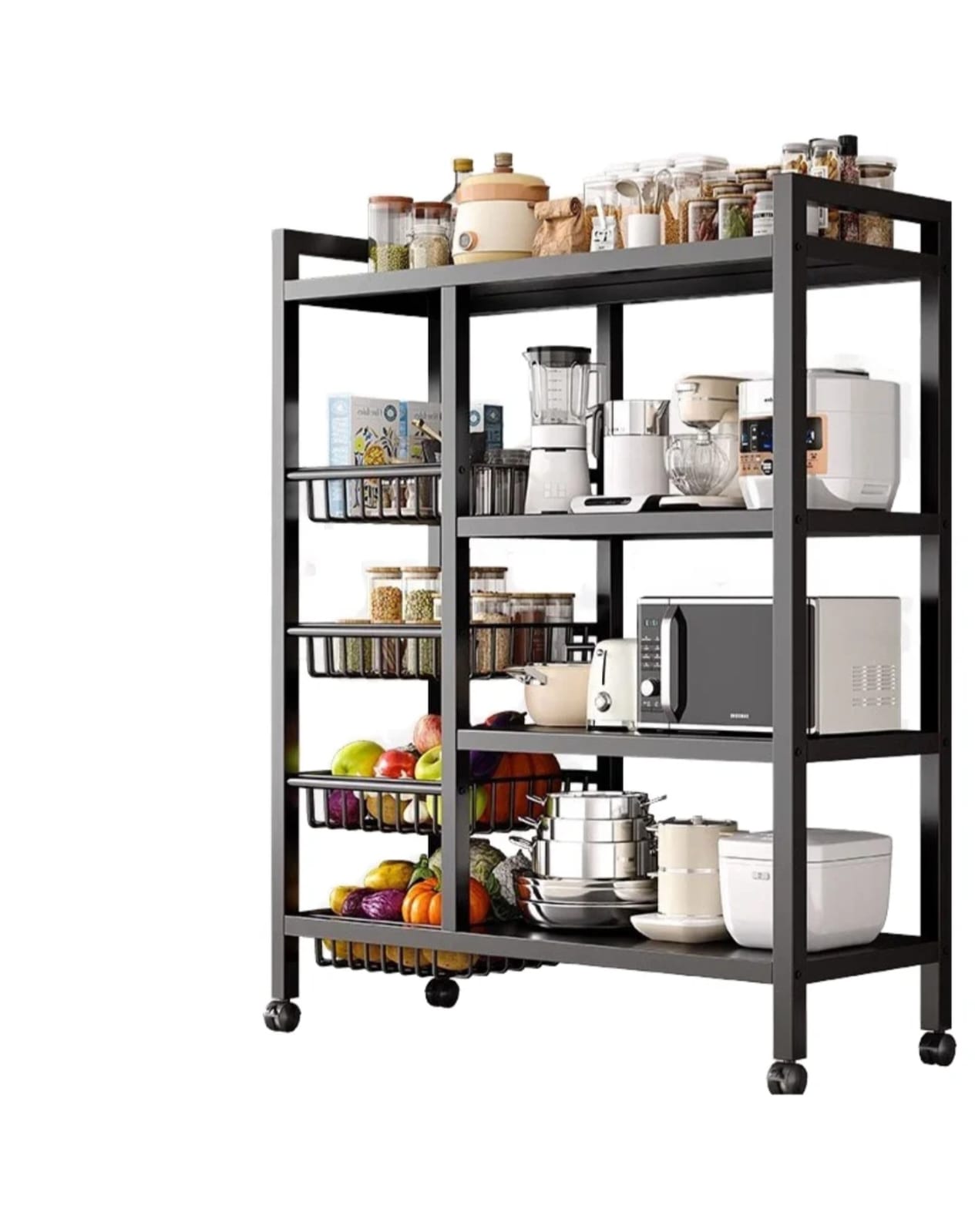 Multi-Layer Multipurpose Kitchen Storage Rack Organizer with Lockable Wheels – Metallic Household Shelf for Vegetables, Kitchen Essentials & Home Storage