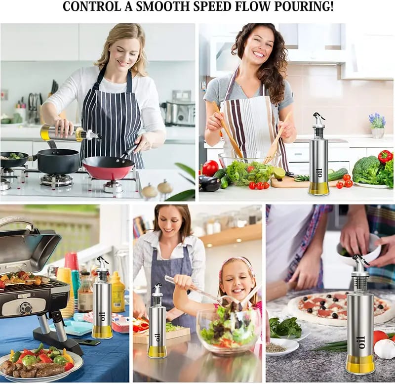 2-Piece Oil and Vinegar Kitchen Automatic Dispenser Set – 500ml Glass Bottles with Stainless Steel Pour Spouts for Cooking and Salad Dressing