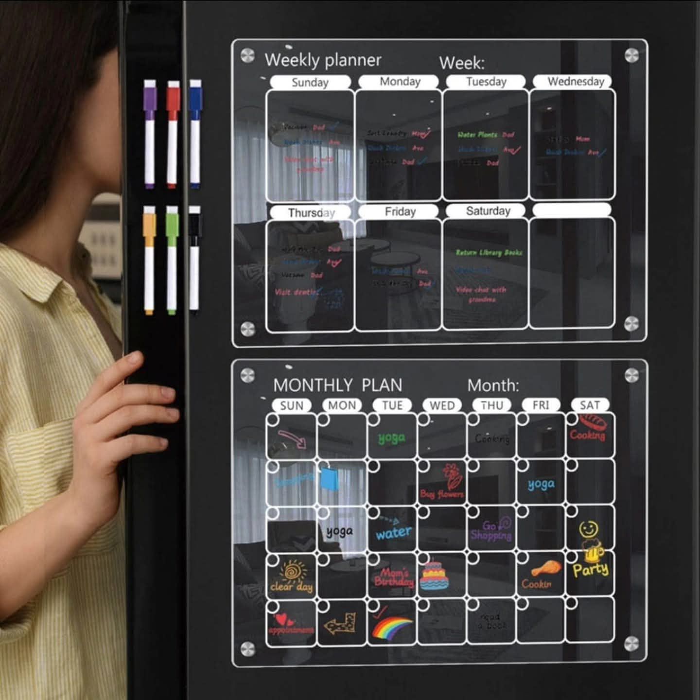 2 Pcs Magnetic Monthly Weekly Fridge Planner, Acrylic Refrigerator Calendar Board with 8 Colour Markers, Fabric Towel and Magnetic Holders, Punch-Free Kitchen Meal Planning and Organization Board