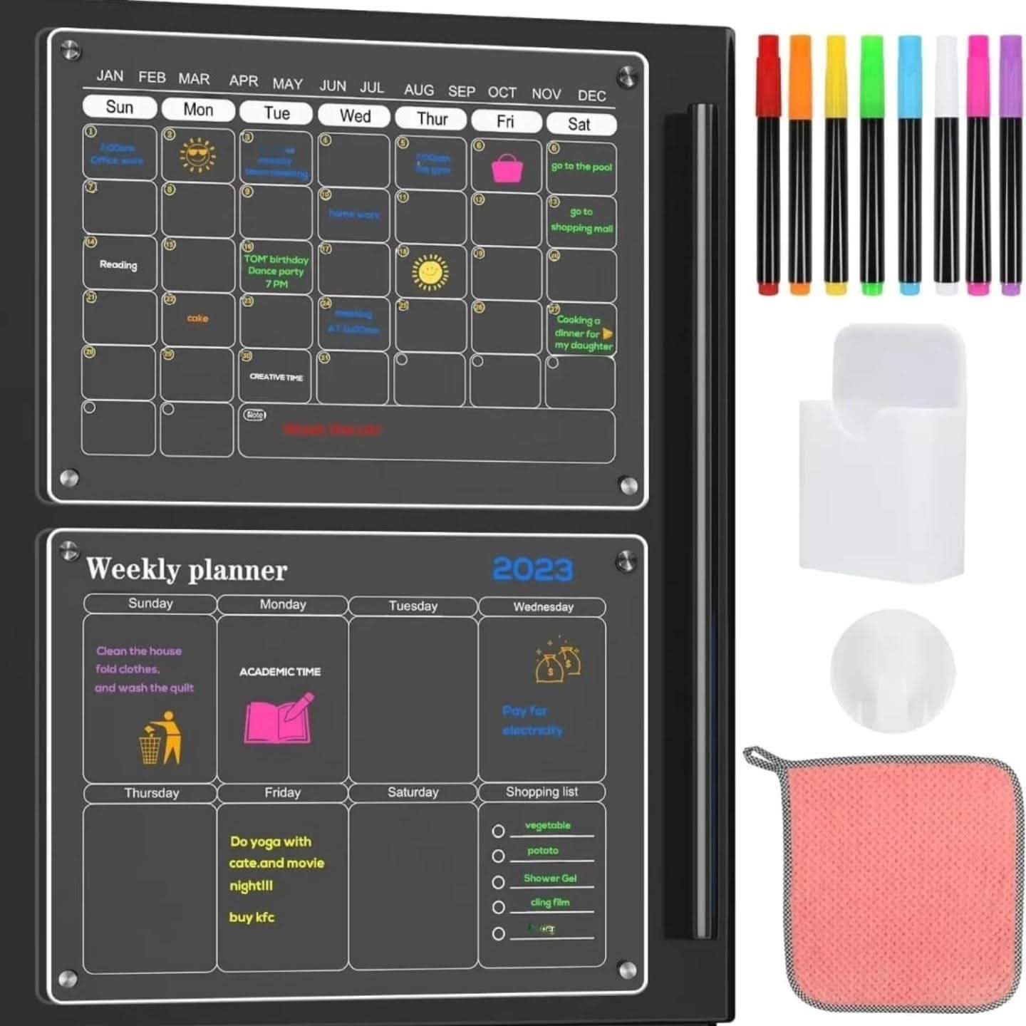 2 Pcs Magnetic Monthly Weekly Fridge Planner, Acrylic Refrigerator Calendar Board with 8 Colour Markers, Fabric Towel and Magnetic Holders, Punch-Free Kitchen Meal Planning and Organization Board