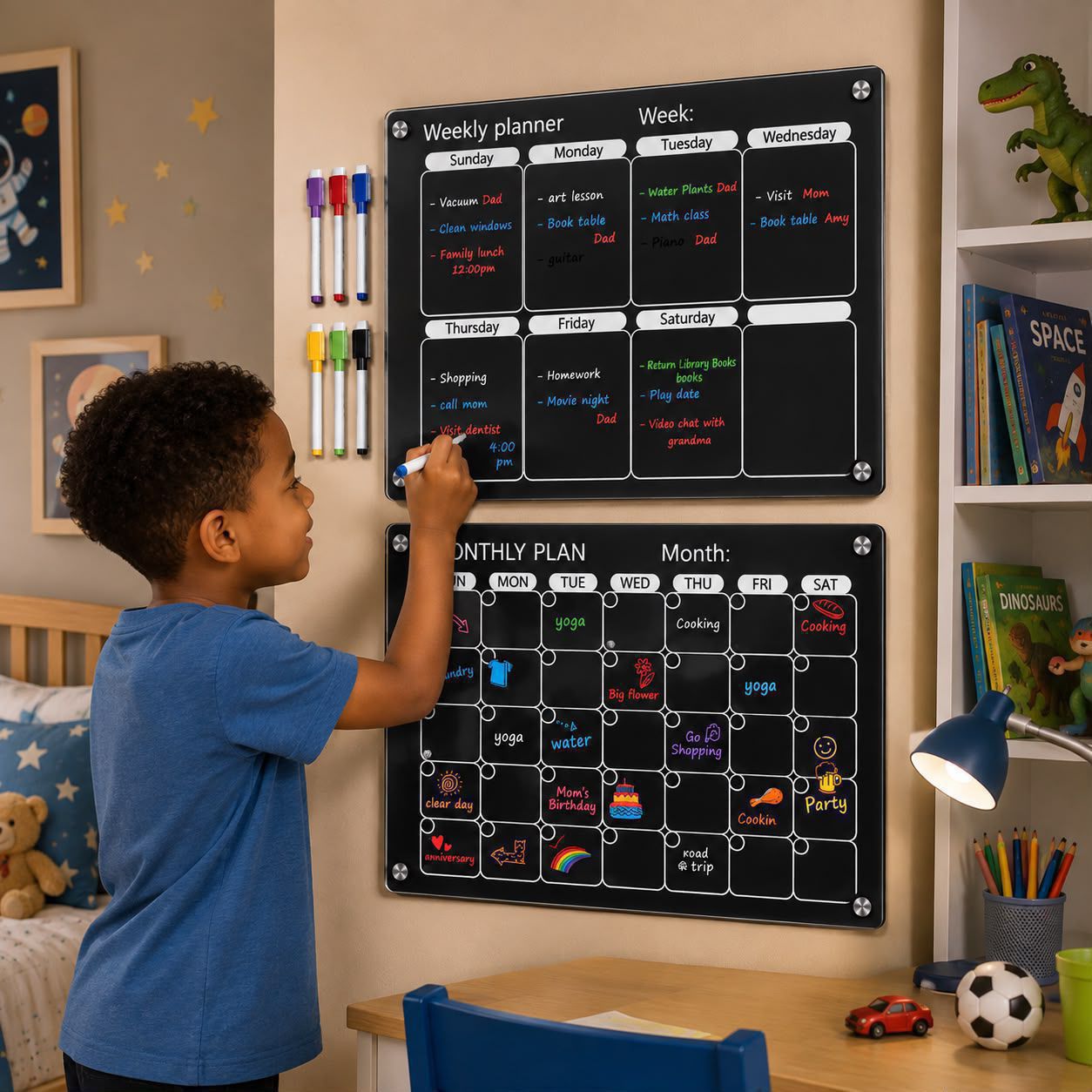 2 Pcs Magnetic Monthly Weekly Fridge Planner, Acrylic Refrigerator Calendar Board with 8 Colour Markers, Fabric Towel and Magnetic Holders, Punch-Free Kitchen Meal Planning and Organization Board