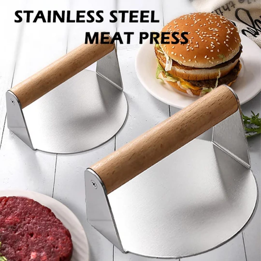 Heavy Duty Round Stainless Steel Chapati Spinner and Burger Shaper with Ergonomic Cool-Touch Wooden Handle, Durable Food Pressing Tool for Commercial and Domestic Kitchen Cooking