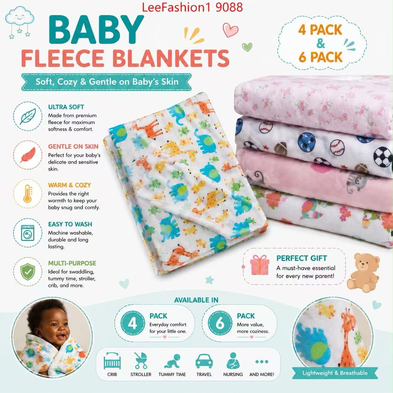 4-Pack 6 pack Premium Cotton Flannel Baby Shawls - Ultra Soft Newborn Receiving Blankets & Swaddle Set