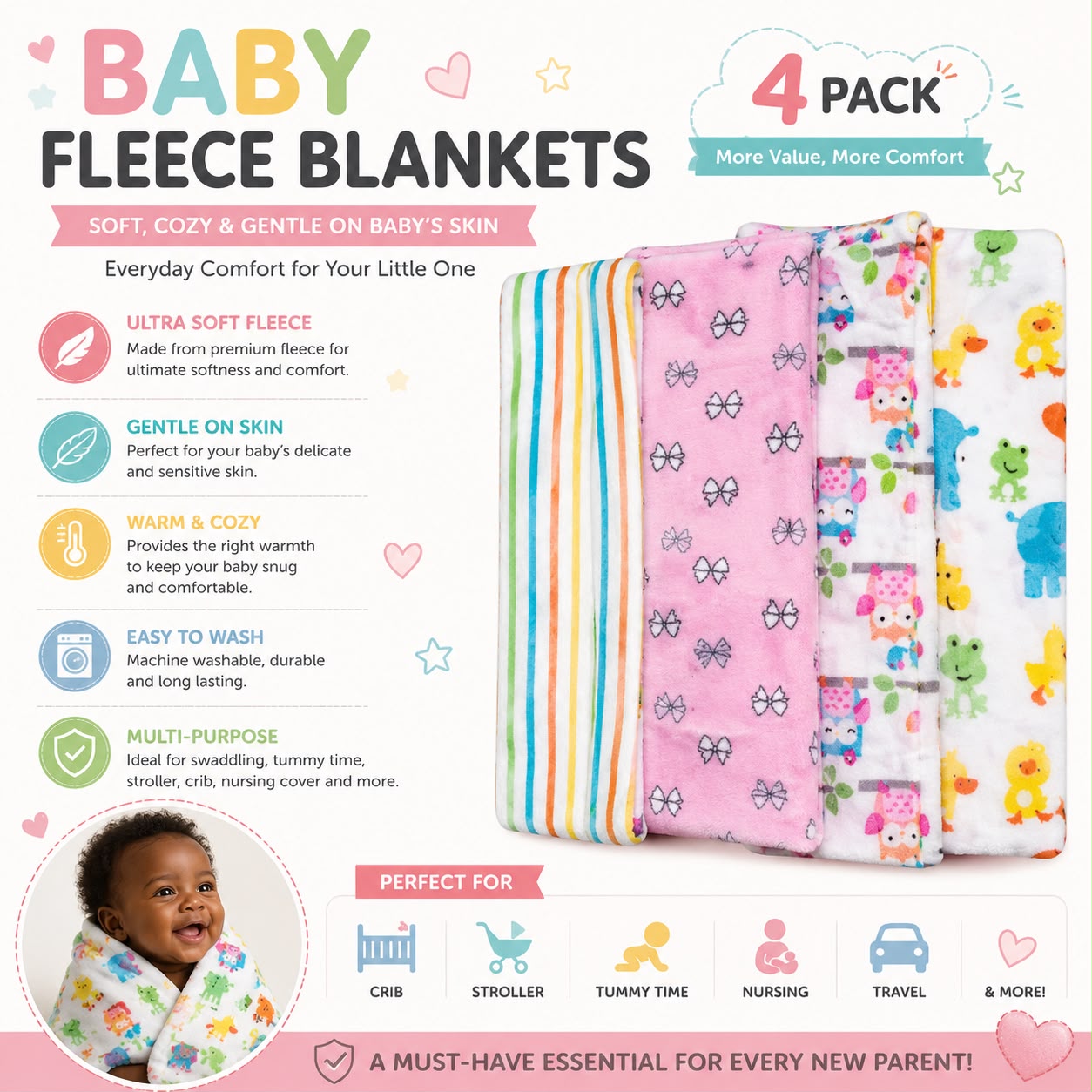 4-Pack 6 pack Premium Cotton Flannel Baby Shawls - Ultra Soft Newborn Receiving Blankets & Swaddle Set