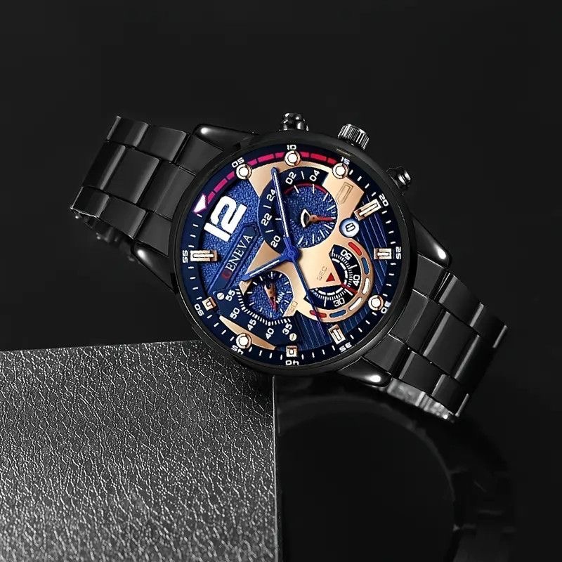 5 In 1 Men's Watch Bracelets Set Men's Geneva Calendar Business Quartz Steel Strip Watch AndWith Life Tree Leather Beaded Braided Bracelets Fashion Casual Accessories Gift Set For Men