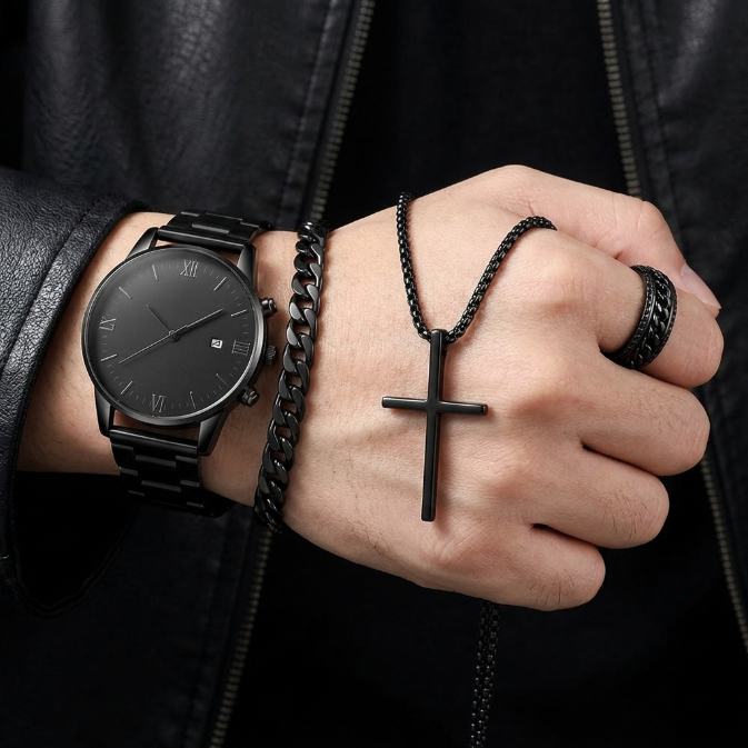 4 In 1 Men's Watch Set And Jewelry Set Black Men's Calendar Watch Rings Bracelet Necklace Black Cross Necklace Set Titanium Steel  Cuban  Not Easy to Fade Daily Wear Business Leisure Daily Wear