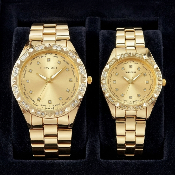 2PCS Lover Watches Business Stainless Steel Back Gold Watch  Classic Diamond Rhinestone Couple Gift Watch  Hip Hop Metal Color Bling Diamond And Steel Strip Women Men Couple Watch