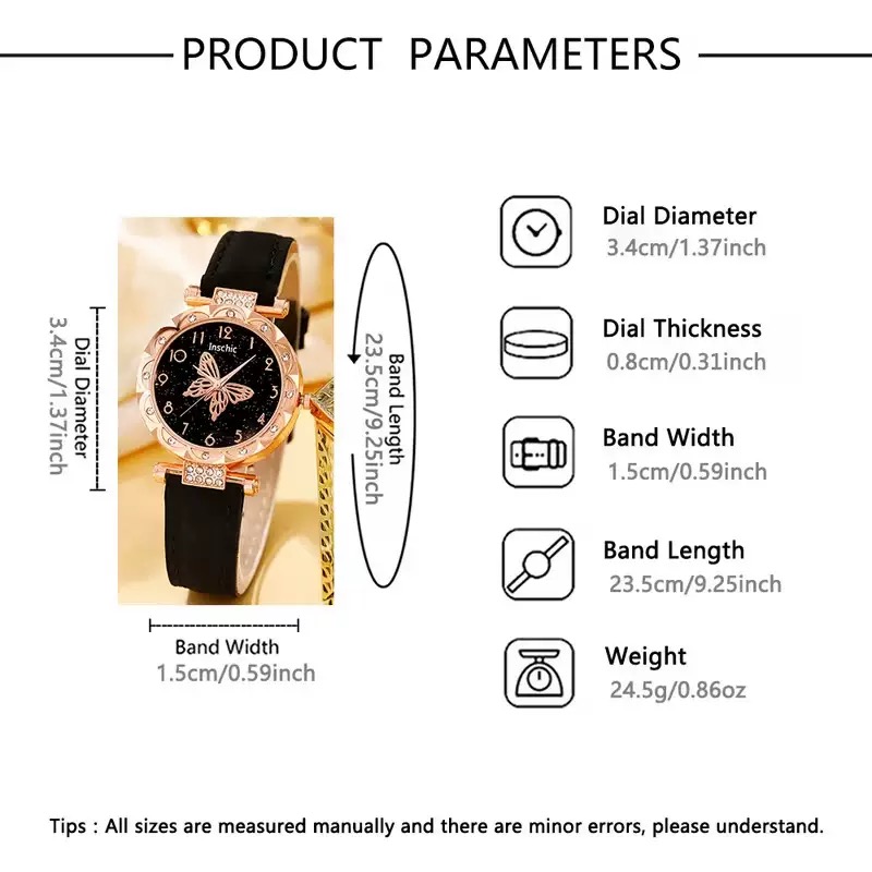 6 In 1 Women's Watch Jewelry Set Earrings Rings Necklace Bracelet Set  Ladies' Butterfly Jewelry Set Women's Wristwatch Leather Strap Quartz Watch Ladies' Butterfly Watch Set For Daily Wear Parties
