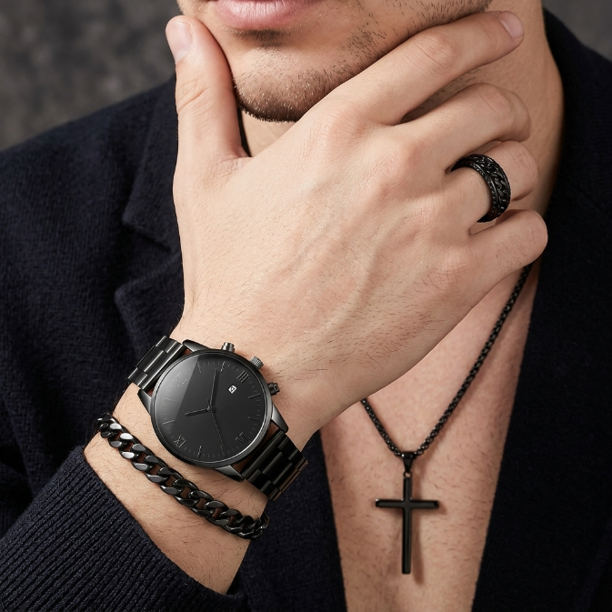 4 In 1 Men's Watch Set And Jewelry Set Black Men's Calendar Watch Rings Bracelet Necklace Black Cross Necklace Set Titanium Steel  Cuban  Not Easy to Fade Daily Wear Business Leisure Daily Wear