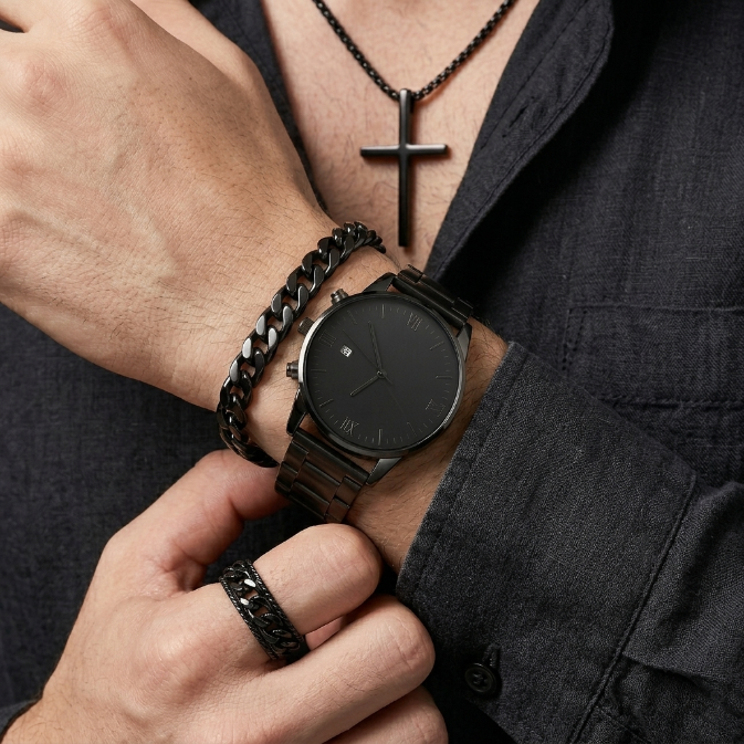 4 In 1 Men's Watch Set And Jewelry Set Black Men's Calendar Watch Rings Bracelet Necklace Black Cross Necklace Set Titanium Steel  Cuban  Not Easy to Fade Daily Wear Business Leisure Daily Wear