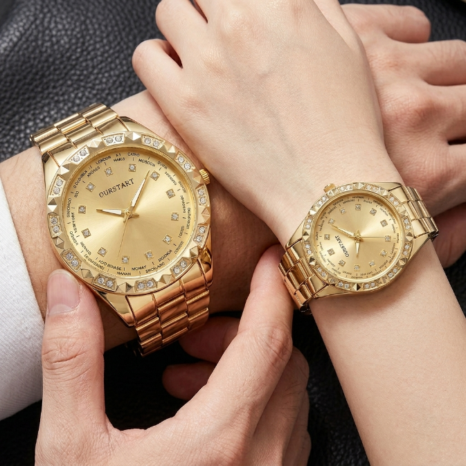 2PCS Lover Watches Business Stainless Steel Back Gold Watch  Classic Diamond Rhinestone Couple Gift Watch  Hip Hop Metal Color Bling Diamond And Steel Strip Women Men Couple Watch