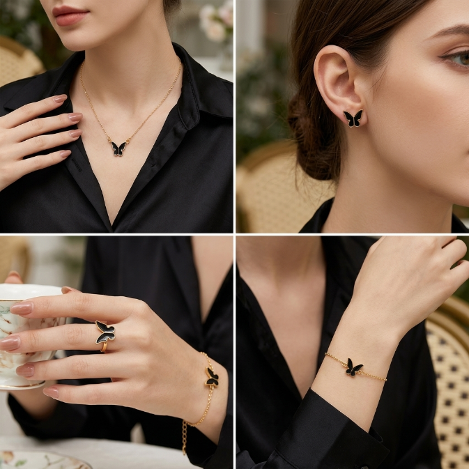 6 In 1 Women's Watch Jewelry Set Earrings Rings Necklace Bracelet Set  Ladies' Butterfly Jewelry Set Women's Wristwatch Leather Strap Quartz Watch Ladies' Butterfly Watch Set For Daily Wear Parties